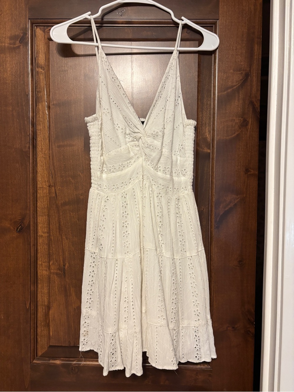 Cream Eyelet Tiered Mini Dress with Tie-Front